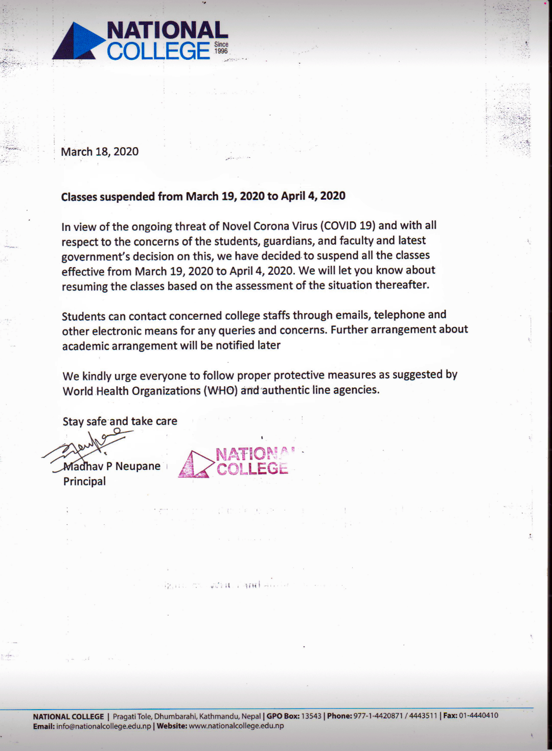 Classes suspended from March 19, 2020 to April 4, 2020 due to COVID-19 !!