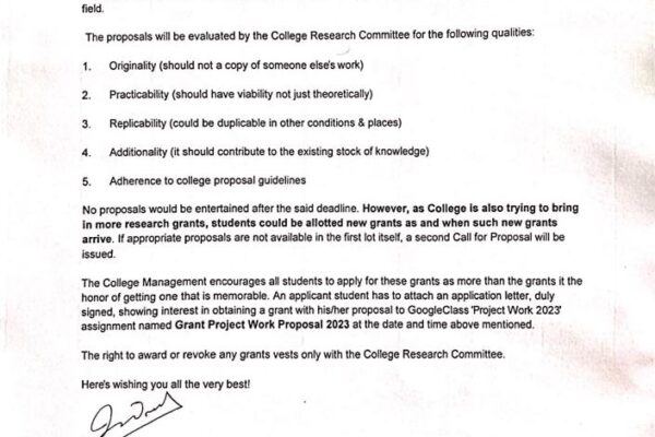 Submission of Grant Proposals to Project Work 2023, Final Year Students