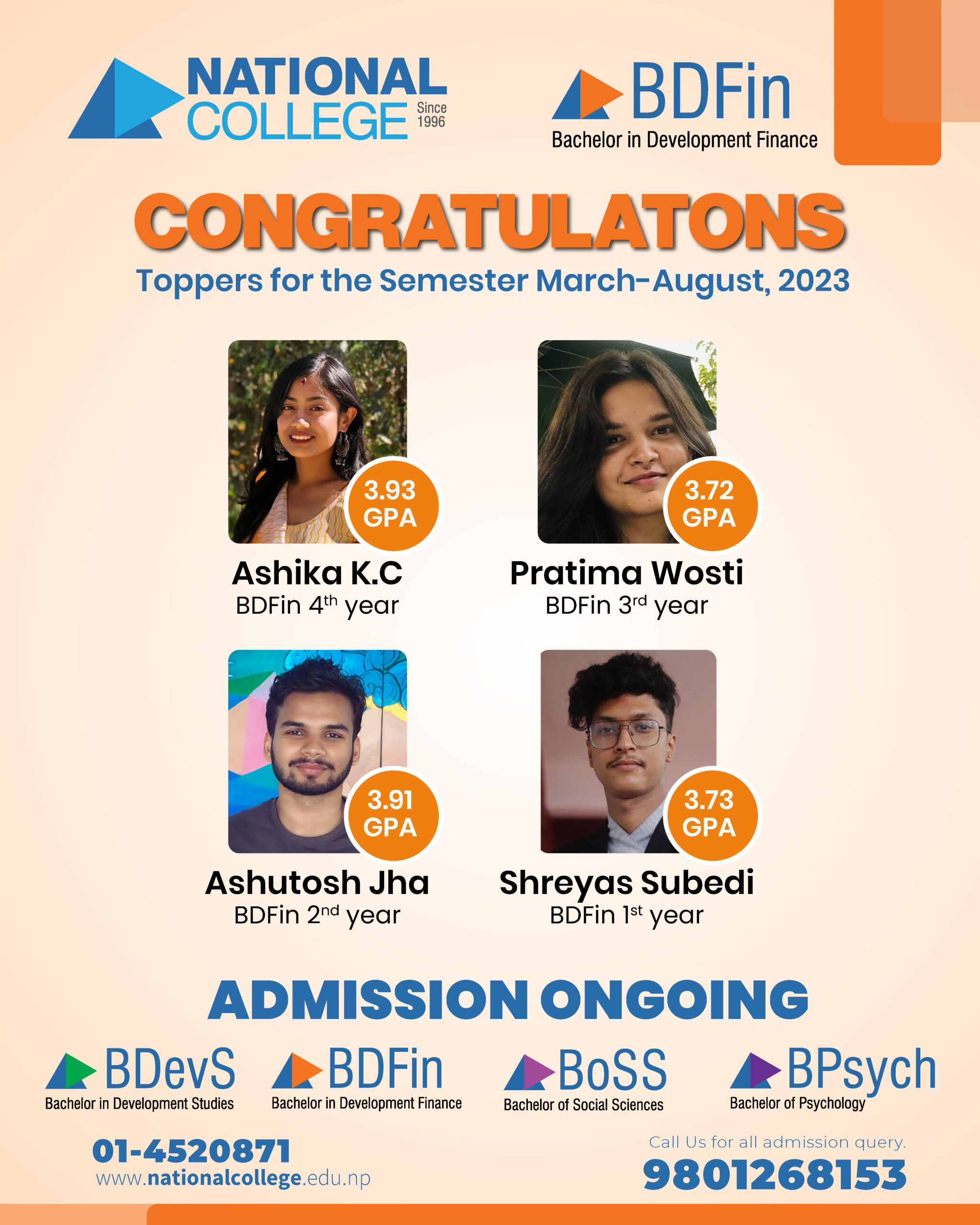 CONGRATULATONS Toppers for the Semester March-August, 2023, #BDFin
