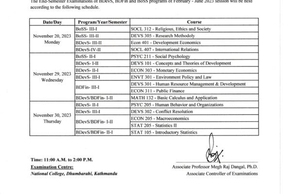 Routine of End Sem Examination (Compart)